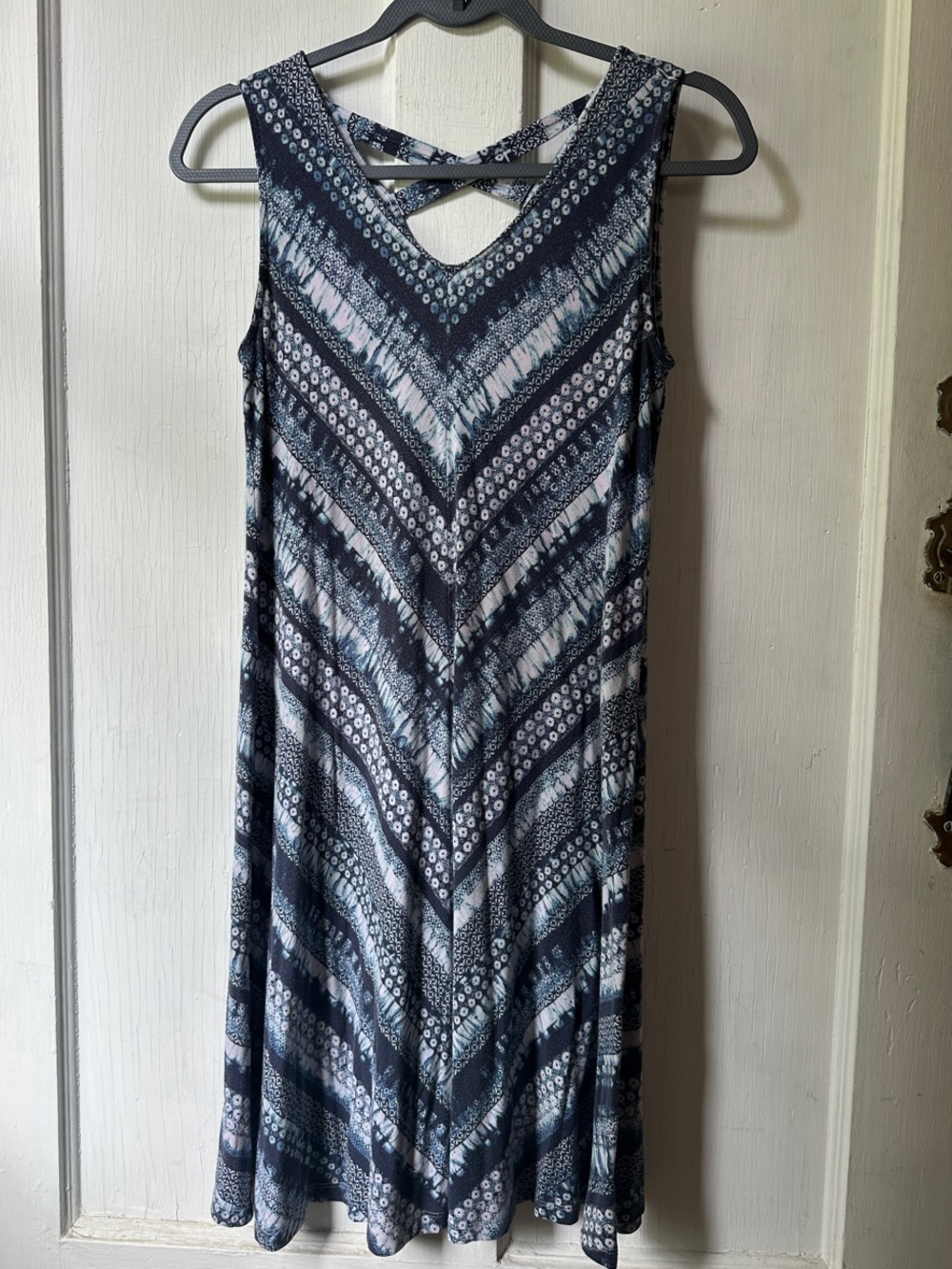 Navy Patterned Sleeveless V-Neck Dress